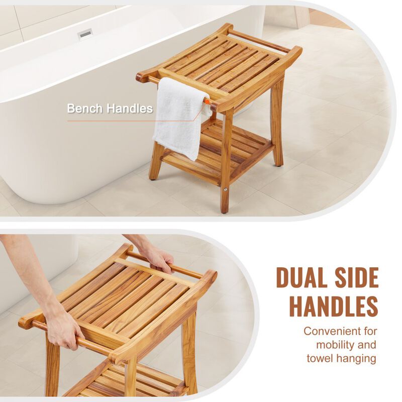 Waterproof Teak Shower Stool with Storage Shelf, Handle and Non Slip Feet-Natural image number 5
