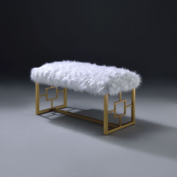 Modern Style Faux Fur Upholstered Bench with Geometrical Side Panels, White and Gold-Benzara