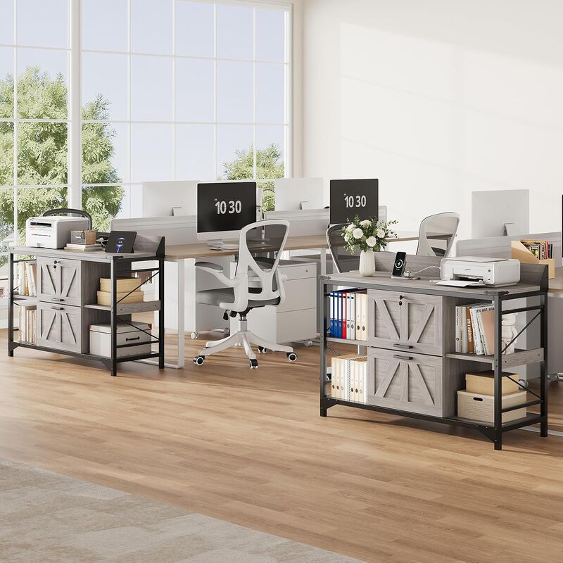 44"W File Cabinet, Lateral Filing Cabinet with 4 Shelves and 2 Drawers, Office Storage Cabinet with Lock & Charging Station, Wooden Printer Stand image number 9