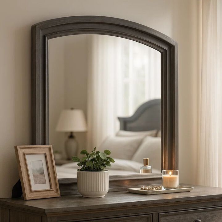 Dresser Mirror, Gray Pine Wood Frame, Farmhouse Carved Details 36x42