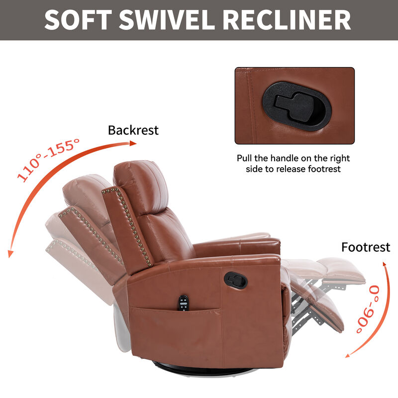 Gnuine Leather Heat Massage Manual Recliner Chair with Rocker and Swivel image number 6
