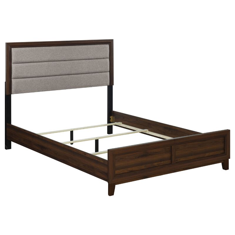 Yels 4 Piece Queen Bedroom Set, Gray Upholstery, Walnut Brown Wood