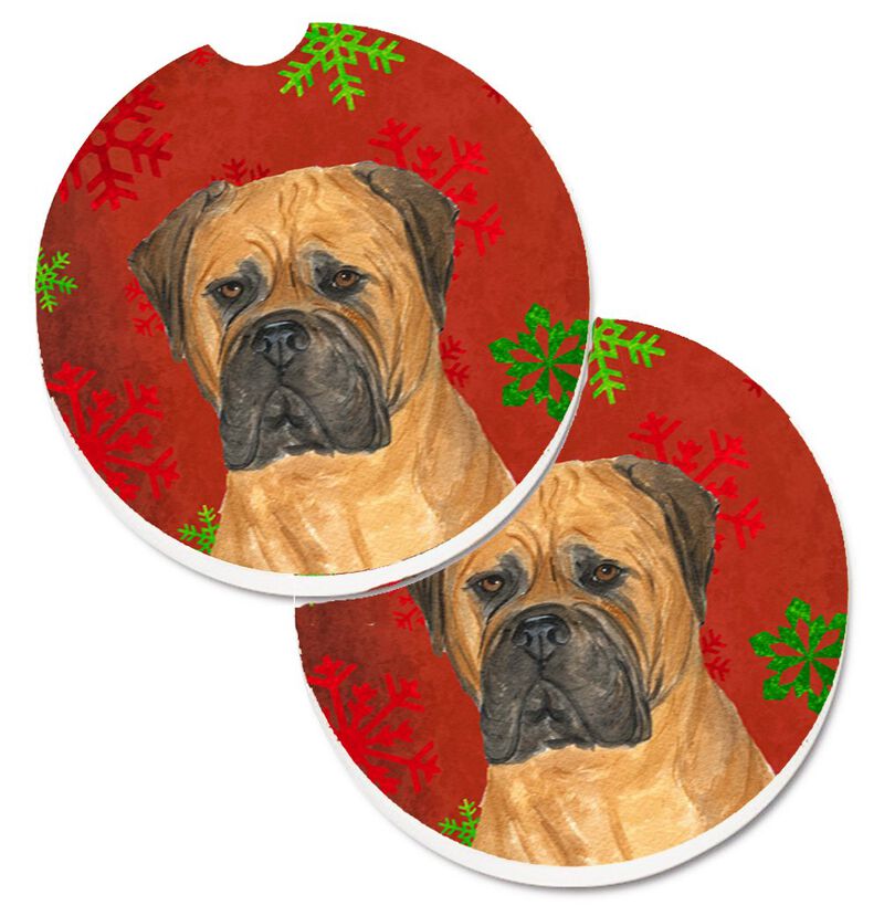Caroline's Treasures Bullmastiff Red & green Snowflakes Holiday Christmas Set of 2 Cup Holder Car Coasters SS4724CARC, 2.56, Multicolor image number 0