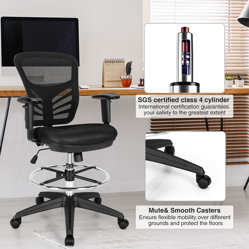 Costway Mesh Drafting Chair Office Chair w/Adjustable Armrests & Foot-Ring Black