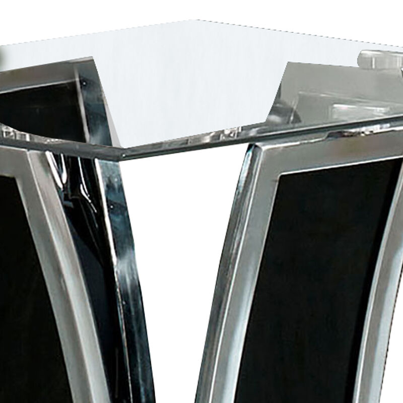 Chrome Trim Flared Base End Table with Glass Top, Black and Silver-Benzara