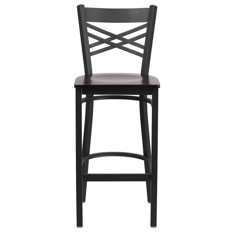 Flash Furniture HERCULES Series Black ''X'' Back Metal Restaurant Barstool - Walnut Wood Seat