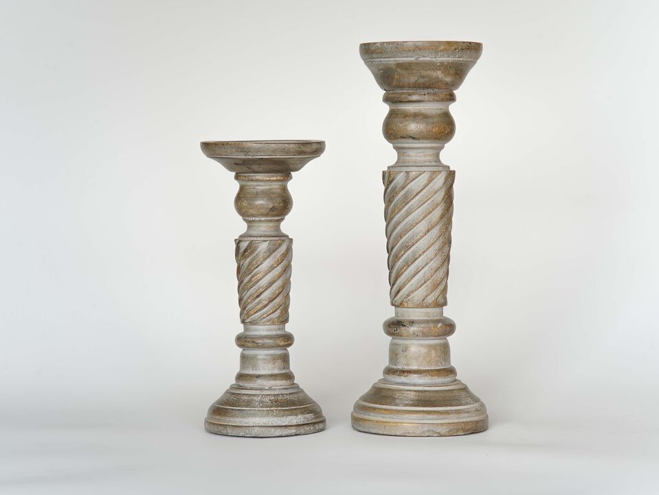 BBH Homes Traditional Gray Wash Eco-friendly Handmade Mango Wood Set Of Two 6" & 9" Pillar Candle Holder