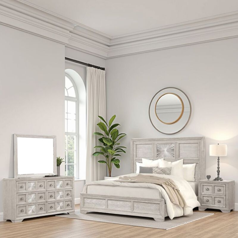 Diaz 4pc Queen Size Bedroom Set, Dresser Mirror, Sunburst Light Gray - Benzara