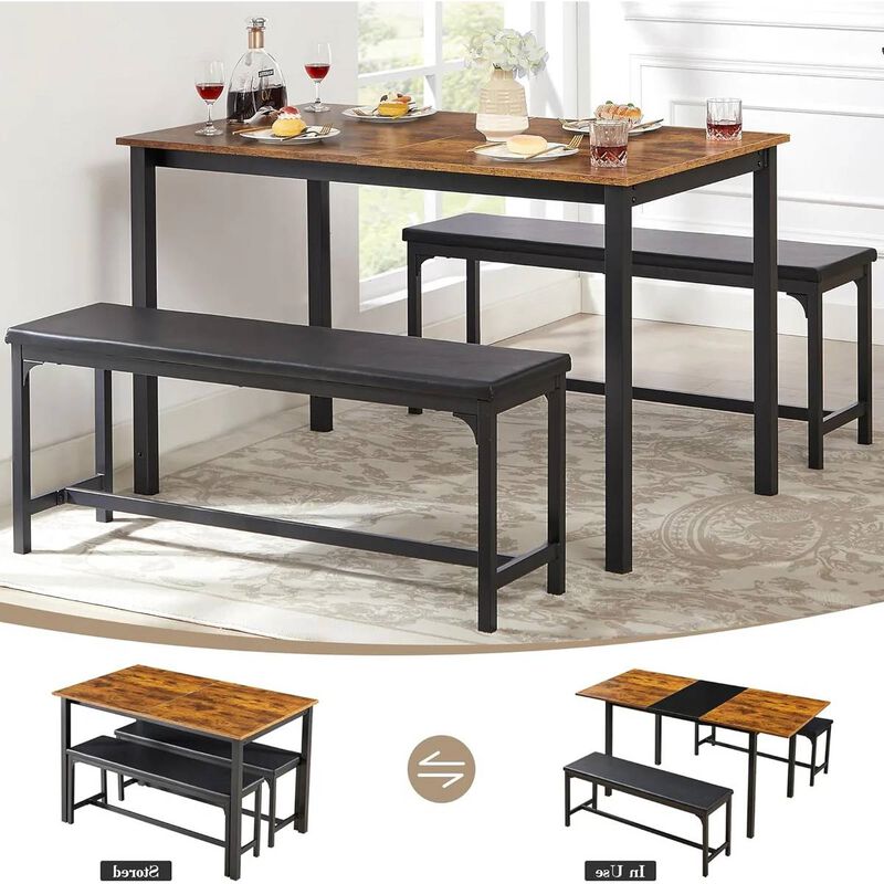 Expandable Kitchen Table Set &ndash; 3-Piece Modern Dining Set with 2 Benches