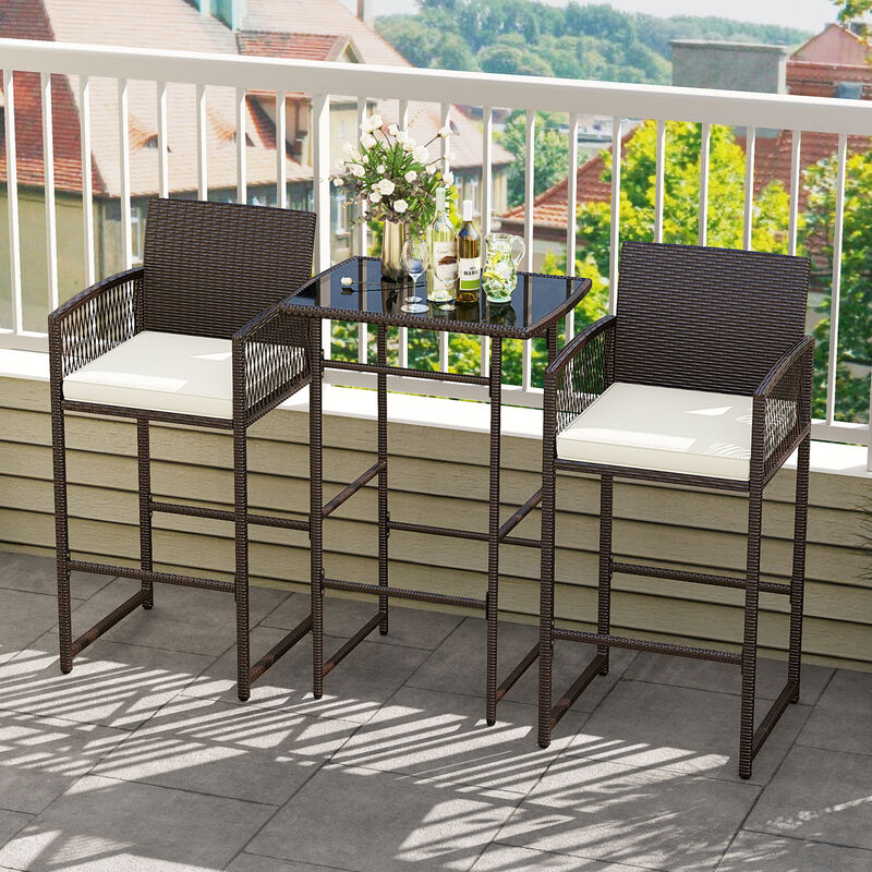 Outdoor Wicker 3 Piece Bar Set with Bar Height Table Armchairs and 2 Cushions-White image number 5