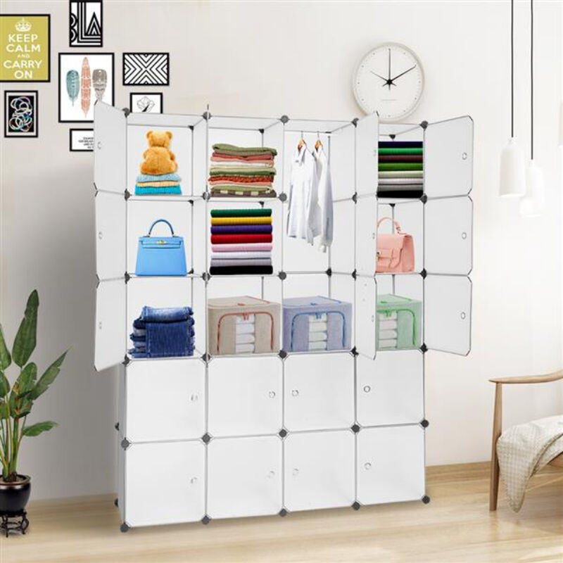 Multi-Functional 20-Cube Plastic Storage Shelves, Modular Closet Organizer with Hanging Rod & Doors
