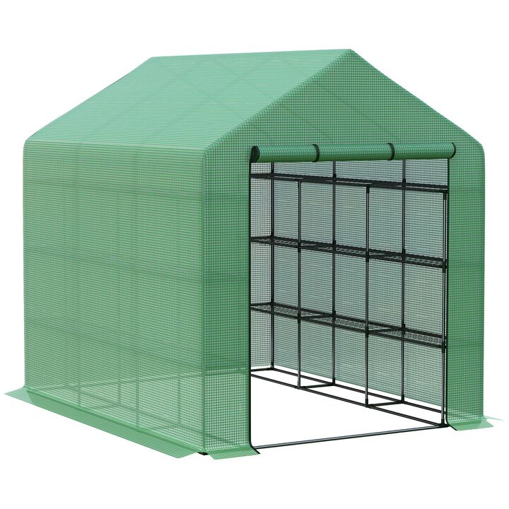 Outsunny 8' x 6' x 7' Walk-in Greenhouse, PE Cover, 4-Tier Shelves, Steel Frame Hot house, Roll-Up Zipper Door for Flowers, Vegetables, Saplings, Tropical Plants, Green