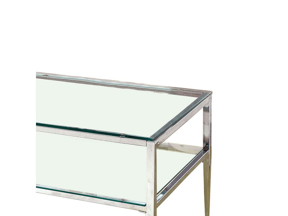 Coffee Table with Rectangular Glass Top and Tapered Legs, Silver and Clear-Benzara