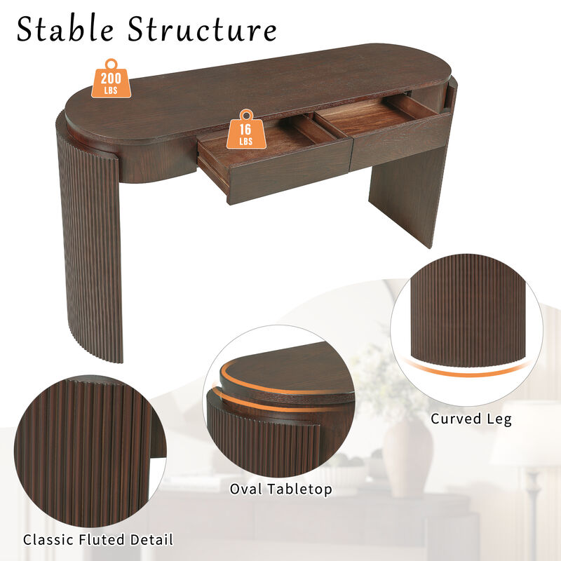 Merax Entryway Table with Natural Wood Grain Finish, Console Table with Fluted Design, Oval Top and 2 Drawers