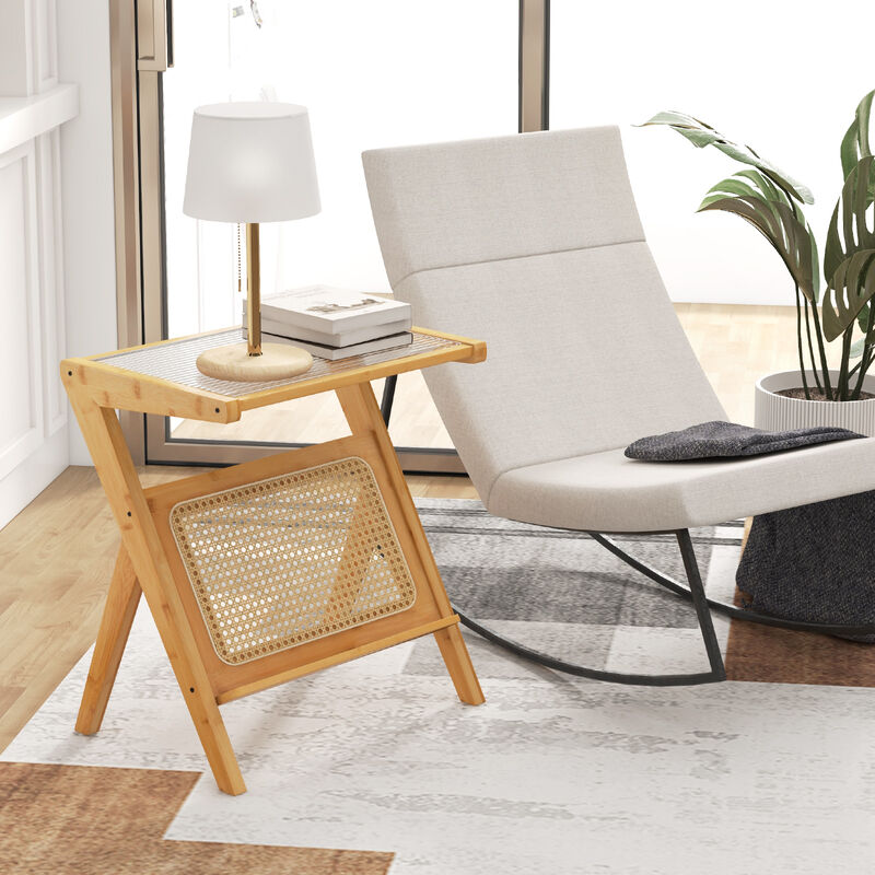 Boho End Table with Magazine Rack and Tempered Glass Top