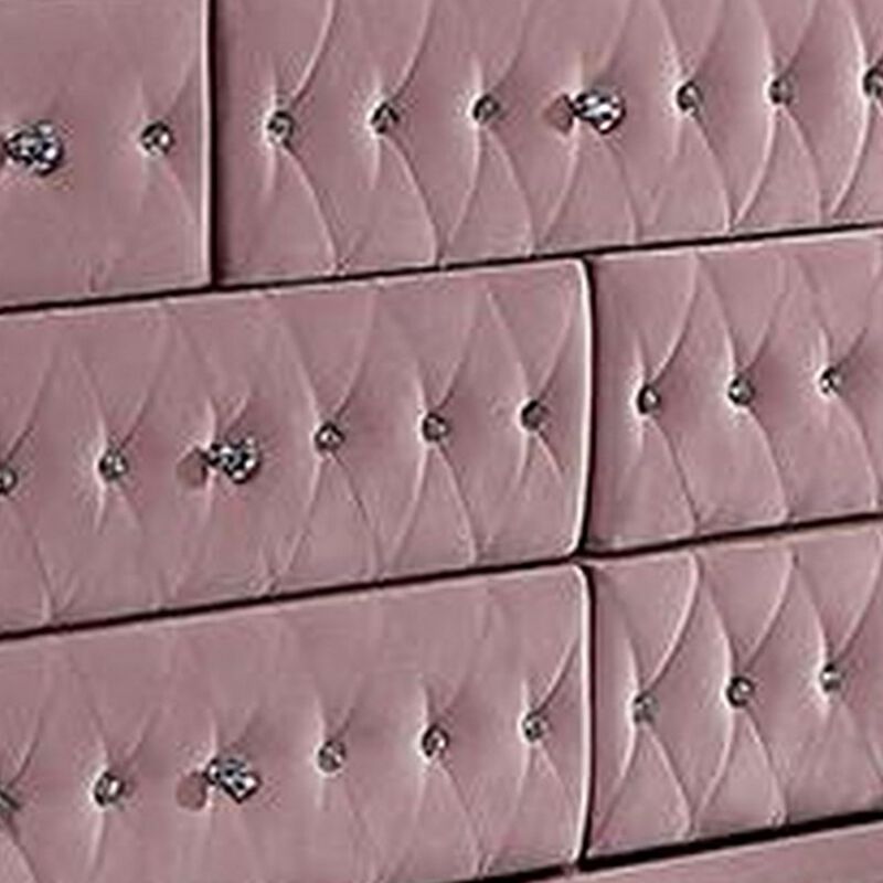 Benjara Zoha 59 Inch Wide Dresser Chest, 7 Drawer, Solid Wood, Upholstery, Pink and Silver