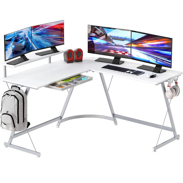SHW Vista L-Shape Desk with Monitor Stand, White