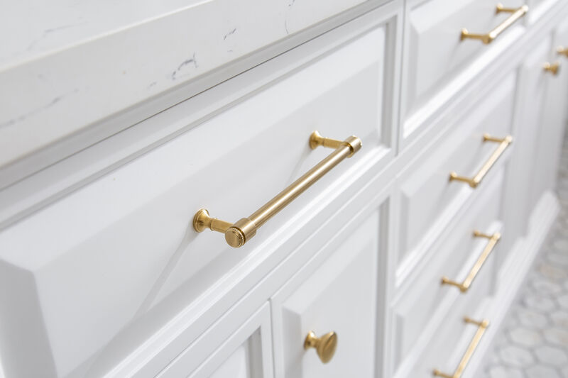 Palace 72 In. Double Sink Carrara Quartz Countertop Bath Vanity in Pure White with Satin Gold Hardware