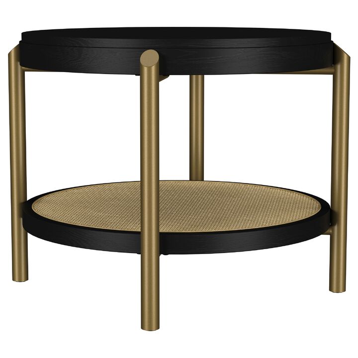 Fij Side End Table with Rattan Shelf, Brass Metal, Wood