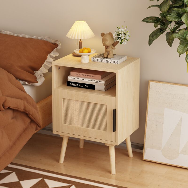 22.83" Assembled Rattan Nightstand with Door Open Shelf Solid Wood Legs image number 2