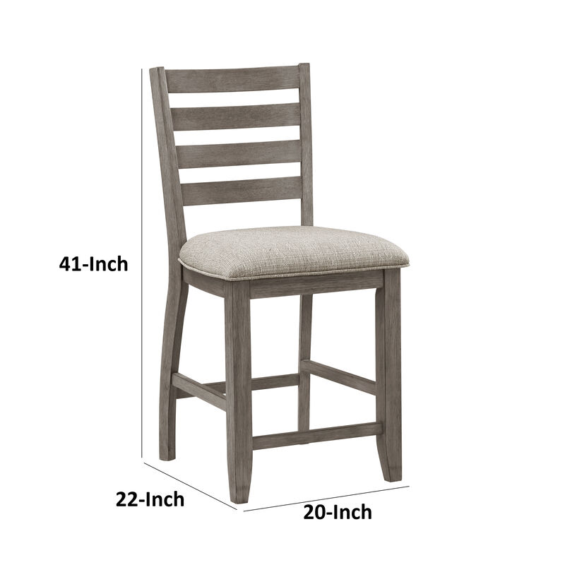Trea 26 Inch Counter Height Chair, Ladder Back, Polyester, Gray Wood, Set of 2