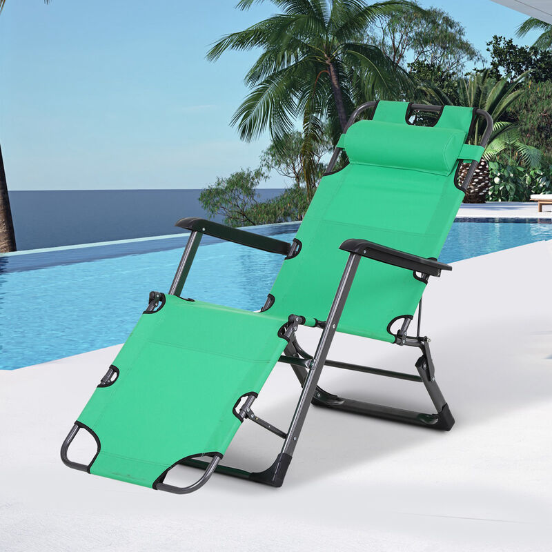 Outdoor Folding Patio Chaise Lounger Armchair Recliner w/ Padded Headrest, Green