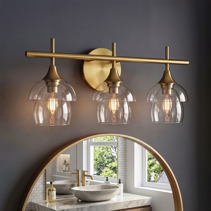 Gold Bathroom Vanity Light, Three-Light Tiered Clear Glass Shades
