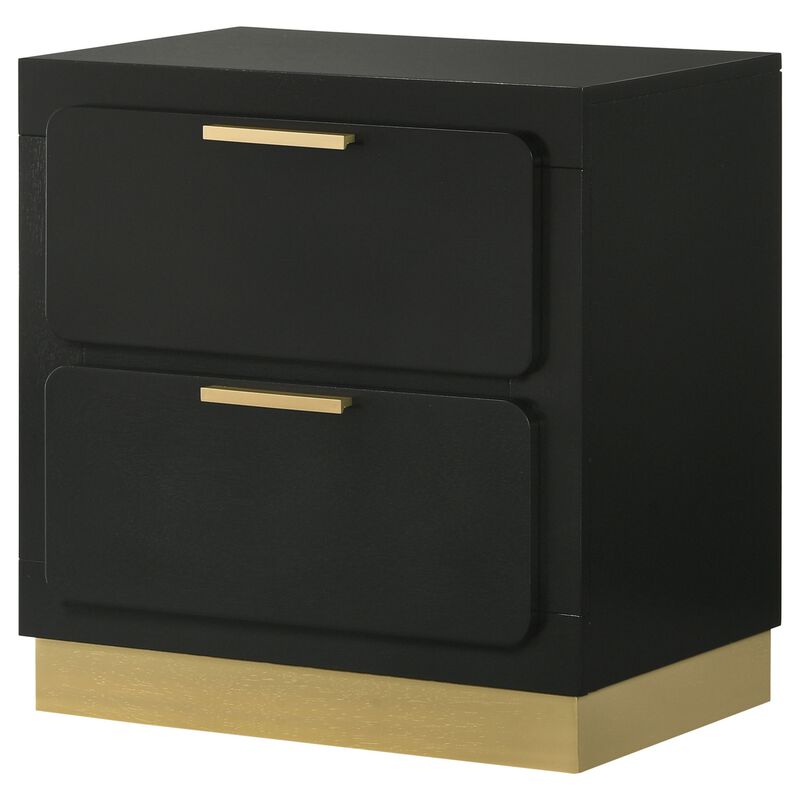 Caer Nightstand, 2 Drawers, Gold Accent Recessed Base, Bar Handles, Black - Benzara