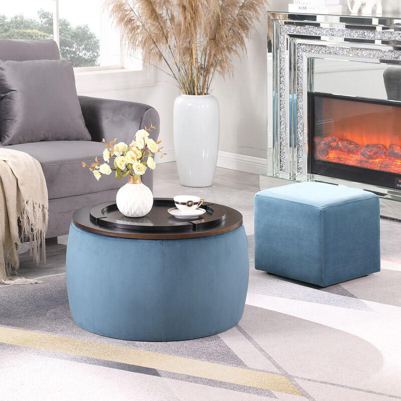 Streamdale Round Ottoman Set with Storage & Coffee Table - 2 in 1 Function