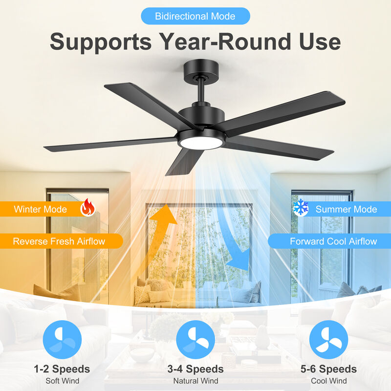 Breezary 52" LED Ceiling Fan with Light, 5 Blade, 6 Speed, Reversible, Quiet Downrod Mount, Remote Control image number 2