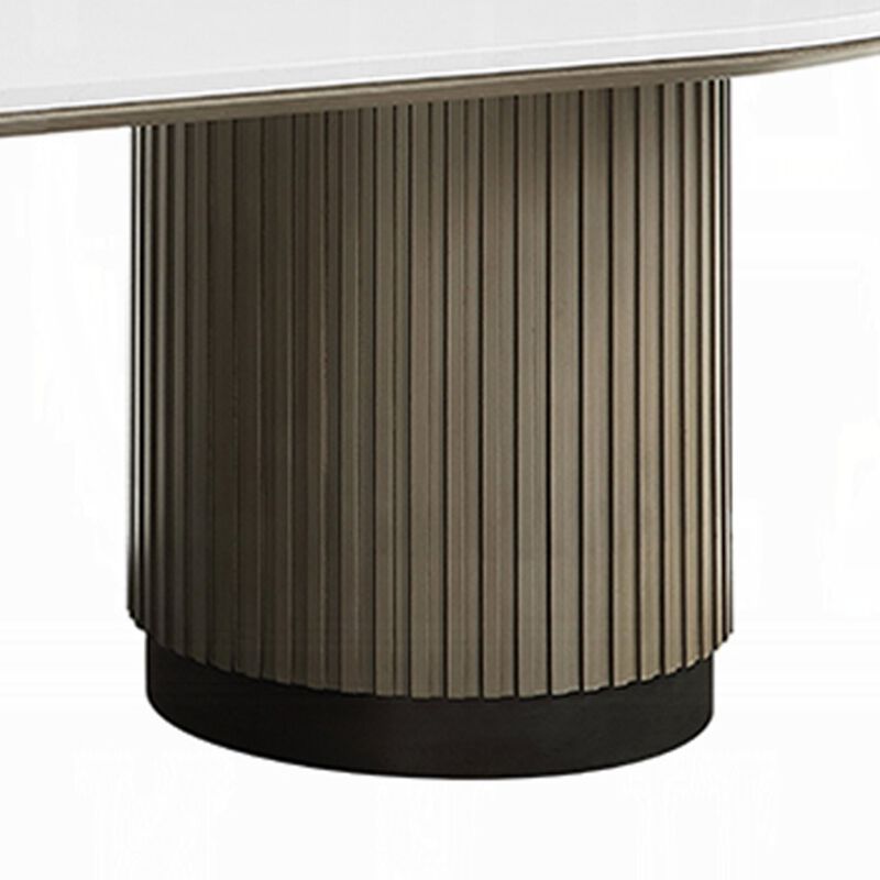 Jeh Coffee Table, 55 Inch White Oval Top, Dual Pedestal Base, Oak Brown image number 5