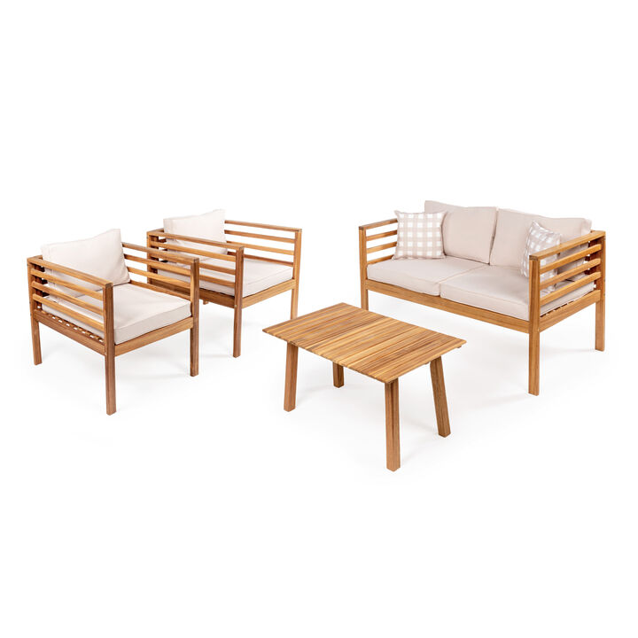 Thom 4-Piece Mid-Century Modern Acacia Wood Outdoor Patio Set with Cushions and Plaid Decorative Pillows, Orange/Teak Brown