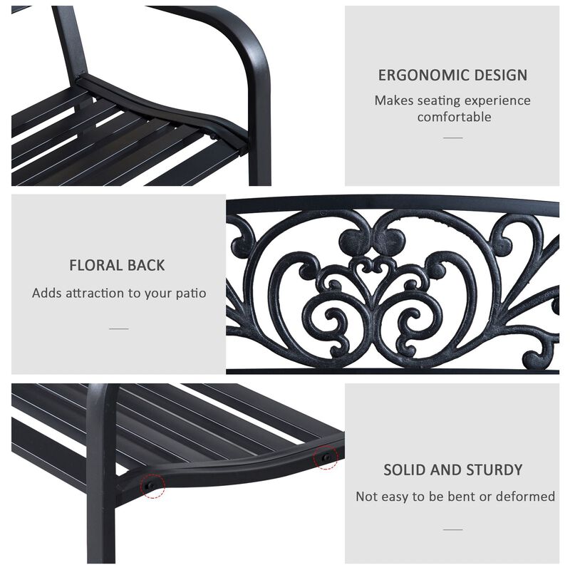 Ornate Outdoor Seating: 50" Black Metal Garden Bench with Floral Design
