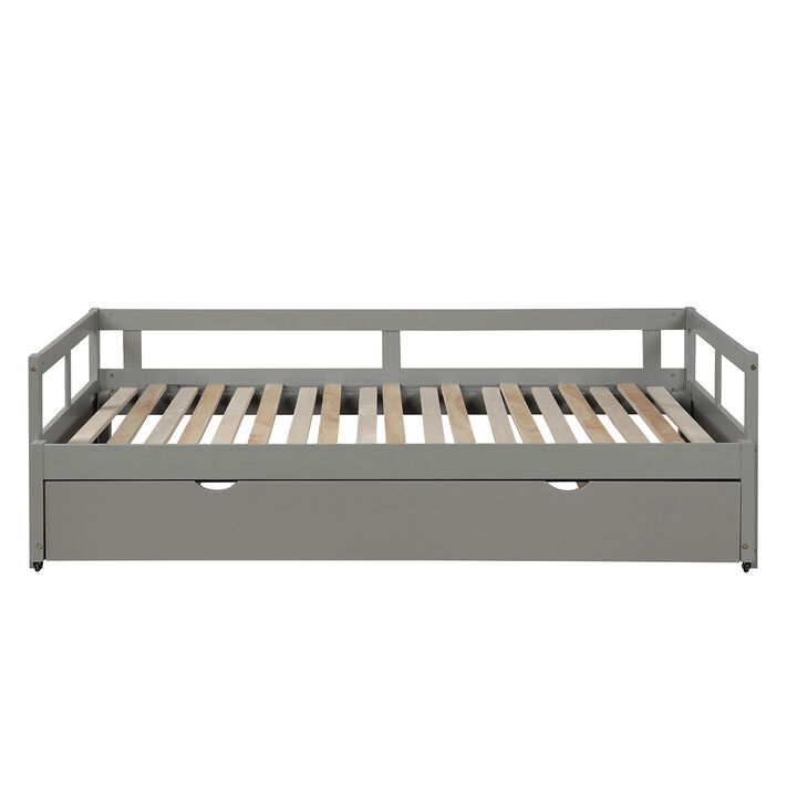 Whisen Wooden Daybed with Trundle, Extendable Twin to King Daybed Frame