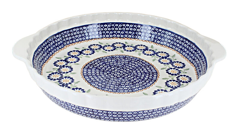 Blue Rose Polish Pottery Peach Blossom Pie Plate with Handles