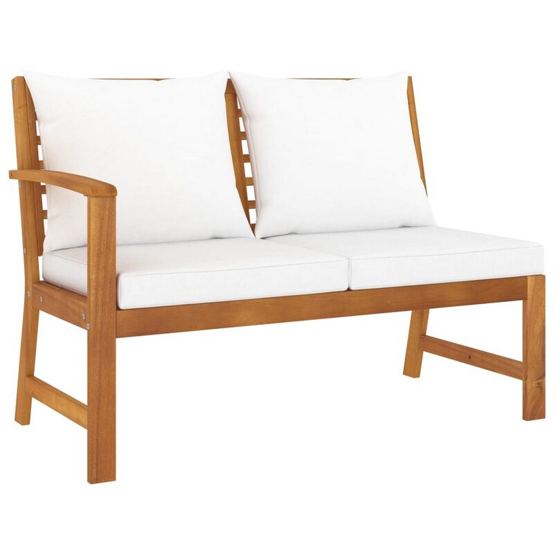 Patio Bench w White Cushions, Slatted Brown Solid Acacia Wood, 45 Inch - Benzara