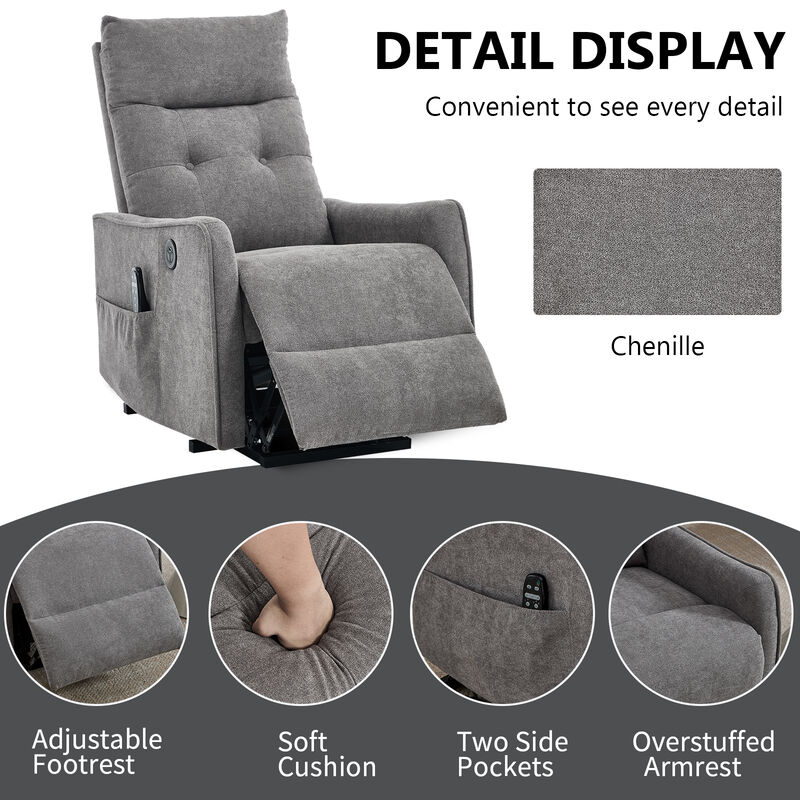 Chenille Single Motor Power Lift Recliner Chair with Heat Massage and USB Charging for Elderly