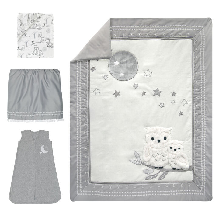 Lambs & Ivy Luna White/Gray Celestial Owl 4-Piece Nursery Baby Crib Bedding Set