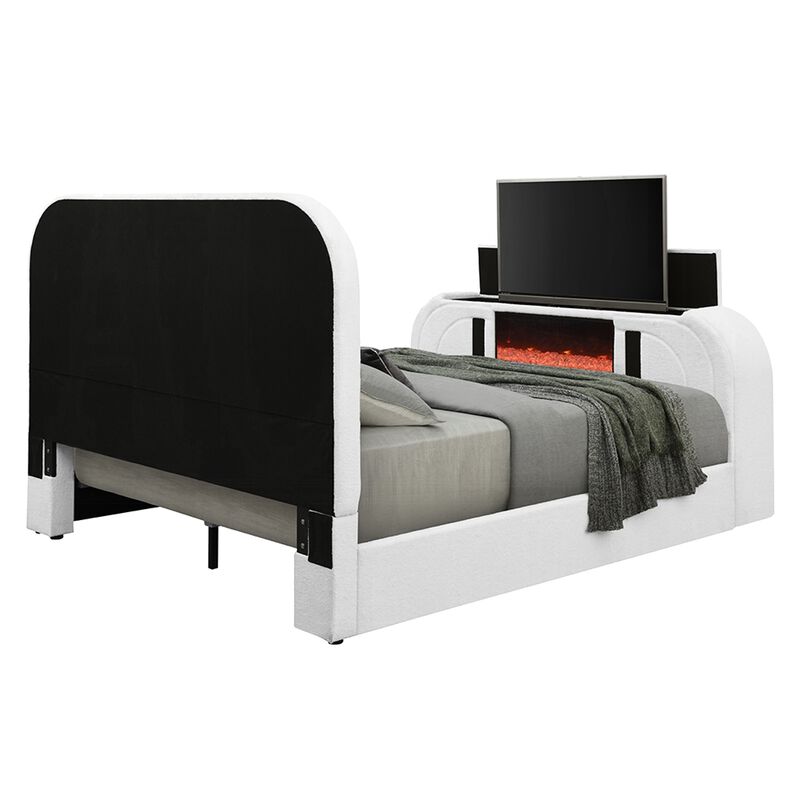 Kery King LED Bed w TV Cabinet, Fireplace, White Teddy Sherpa Upholstery image number 4