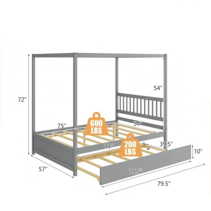 Full Size Canopy Platform Bed with Twin Roller Trundle Bed