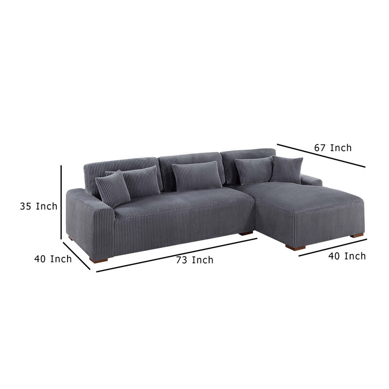 Lio 2pc XL Sectional Sofa with Chaise, 5 Throw Pillows, Gray Corduroy - Benzara