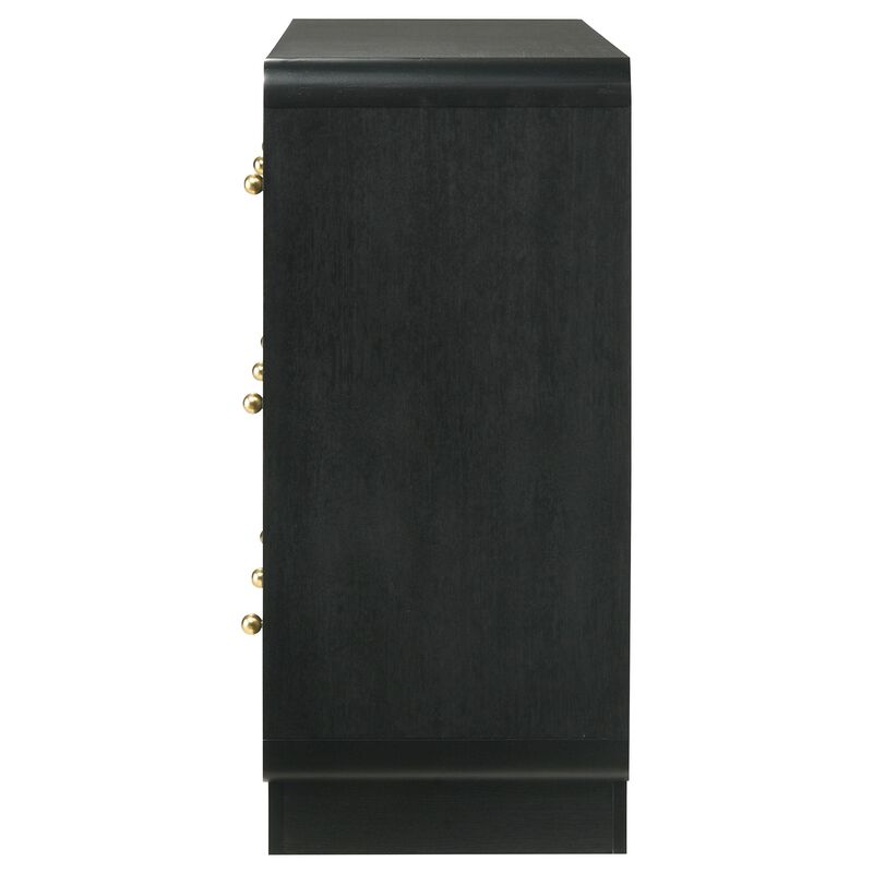 Cavy Wide Dresser, 6 Storage Drawers, Black Wood, Round Gold Knobs - Benzara