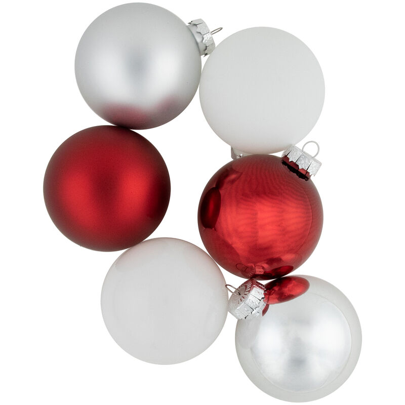 72ct Red  Silver and White Shiny and Matte Glass Ball Christmas Ornaments 3.25-4"