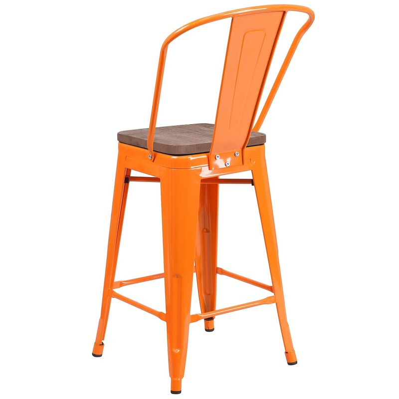 Flash Furniture Lily 24" High Orange Metal Counter Height Stool with Back and Wood Seat