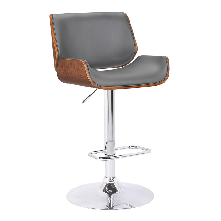 London Grey Faux Leather Adjustable Height Swivel Walnut Wood and Chrome Stool