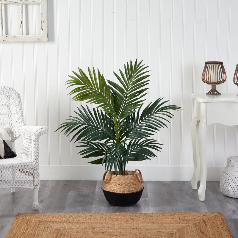 HomPlanti 4 Feet Kentia Palm Artificial Tree in Boho Chic Handmade Cotton & Jute Black Woven Planter