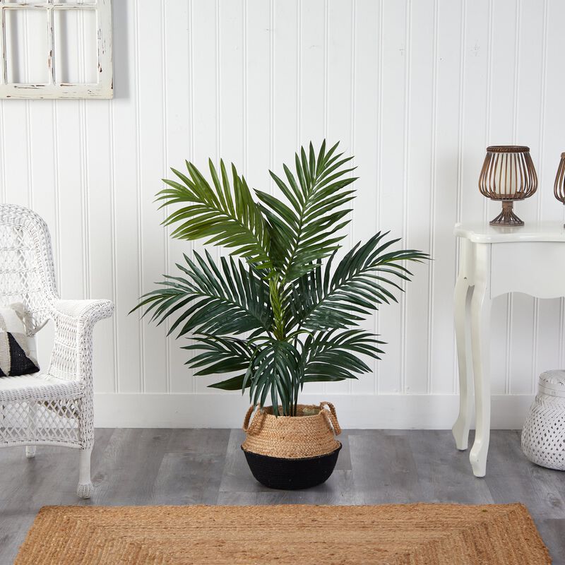 Hivvago 4 Feet Kentia Palm Artificial Tree in Boho Chic Handmade Cotton & Jute Black Woven Planter