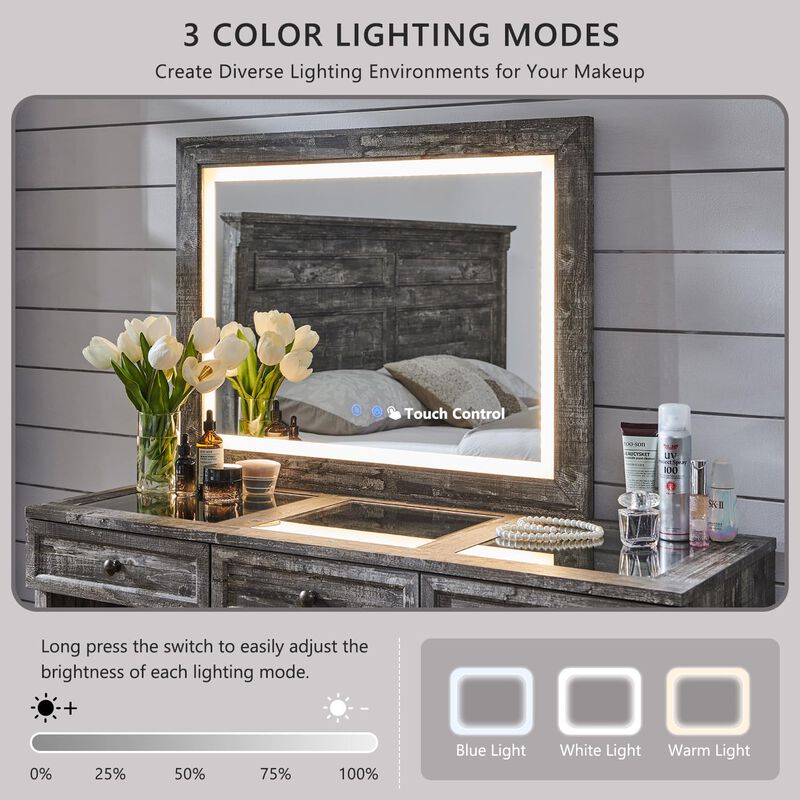 Farmhouse Glass-Top Vanity Desk,  LED Mirror,  Charging Port image number 3