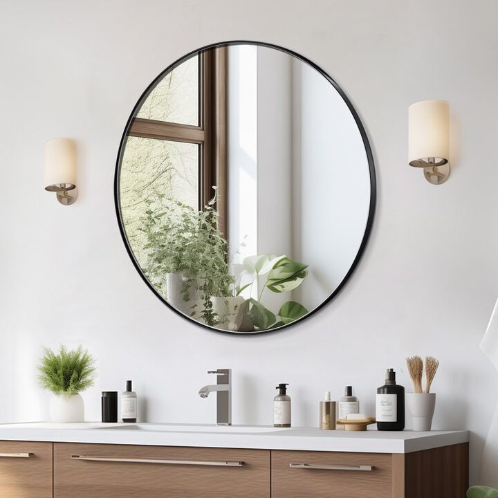Round Wall Mirror with Aluminum Alloy Frame for Bathroom, Bedroom, or Entryway