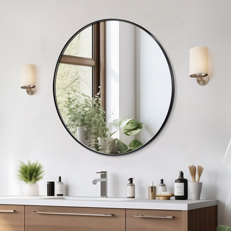 Round Wall Mirror with Aluminum Alloy Frame for Bathroom, Bedroom, or Entryway